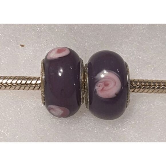 Set of 2 Pandora Purple Murano Glass Charm with Pink Dots - Picture 1 of 2